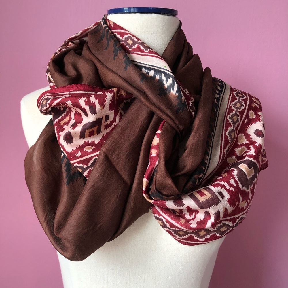 💐Burgundy& brown abstract silk scarf